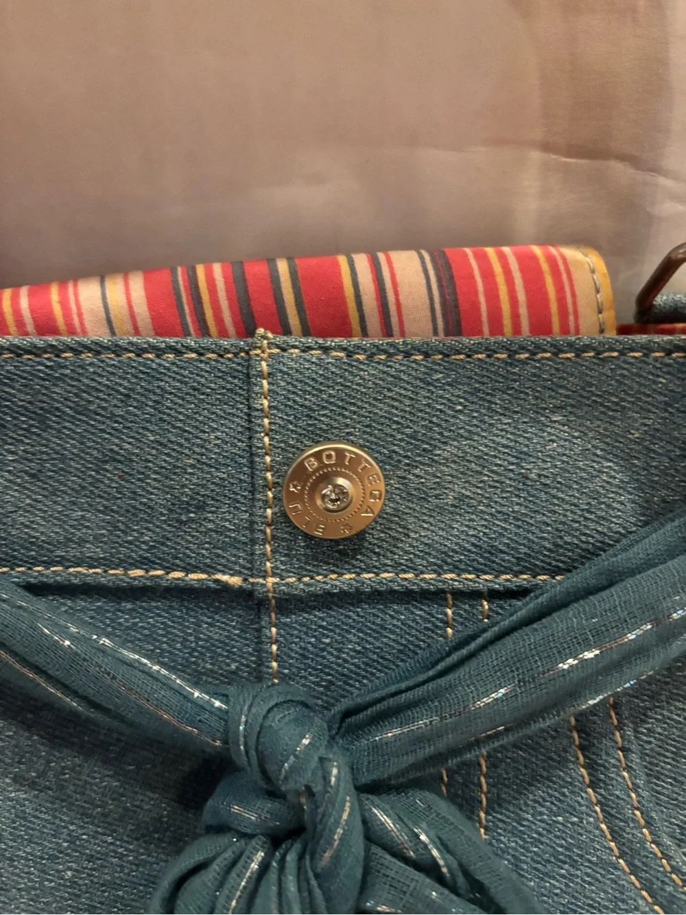 Bottega Blu Blue Denim Tote with Bamboo Handles and Tie Accent